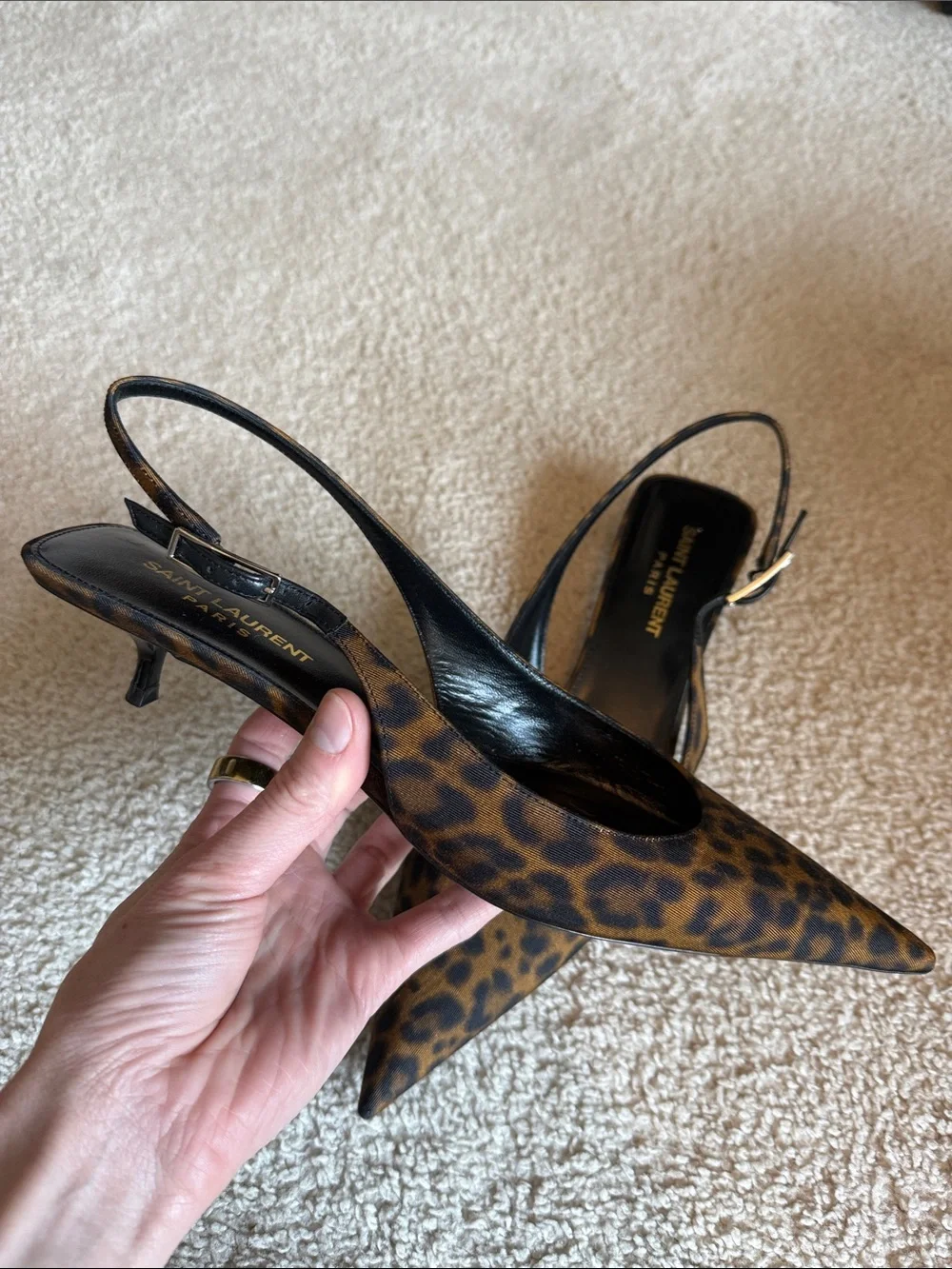Saint Laurent Leopard-Print Pointed Slingback Kitten Heels - Picture 2 of 2